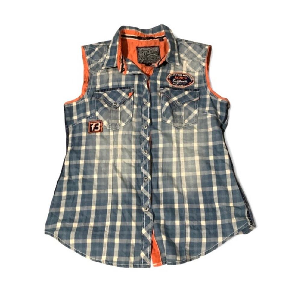 Affliction Live Fast 73 Plaid Sleeveless Snap Shirt Blue Orange NWT Size Large